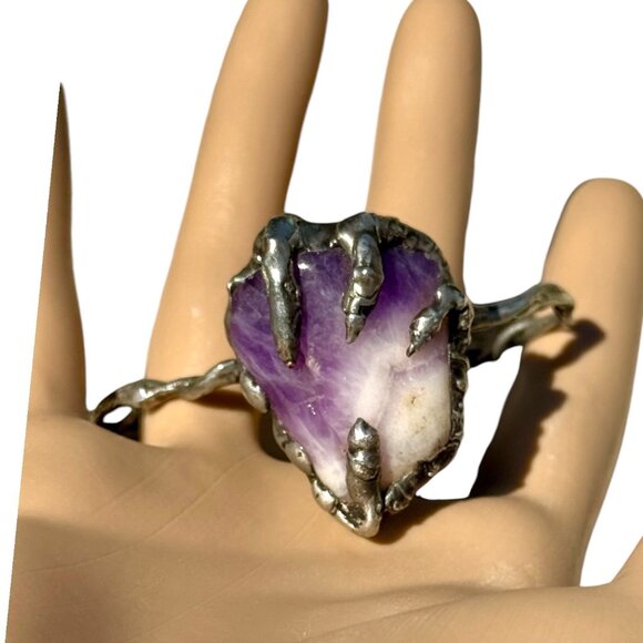 Handcrafted Amethyst Stone Claw Bangle Bracelet With Silver Blend Twist Design - Picture 5 of 11